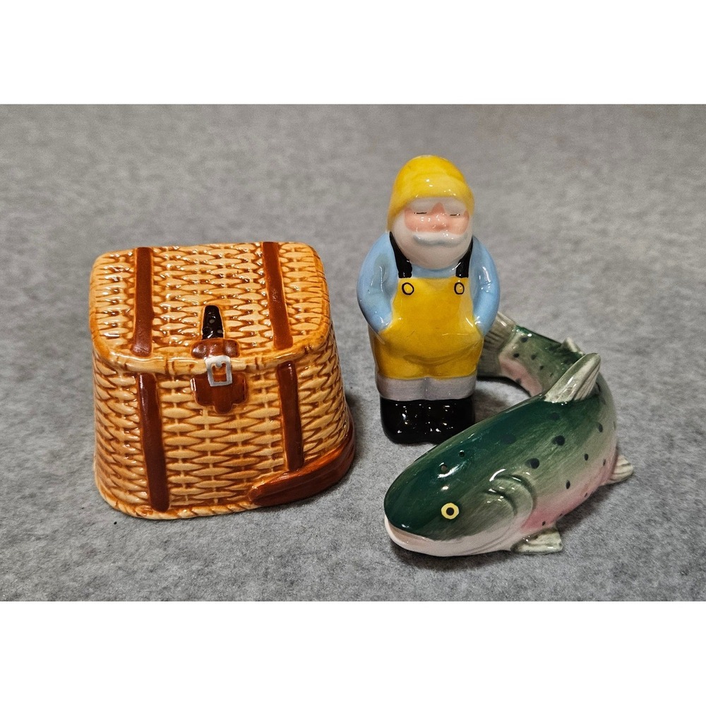 Vintage Fishing Salt and Pepper Shaker Set Fisherman Trout Creel 3 Piece Ceramic